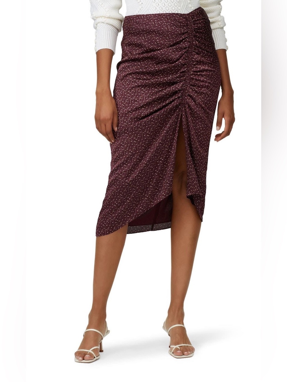 Joie~Maira~Maroon Ruched Midi Skirt with Front Slit~Size 2~$298~